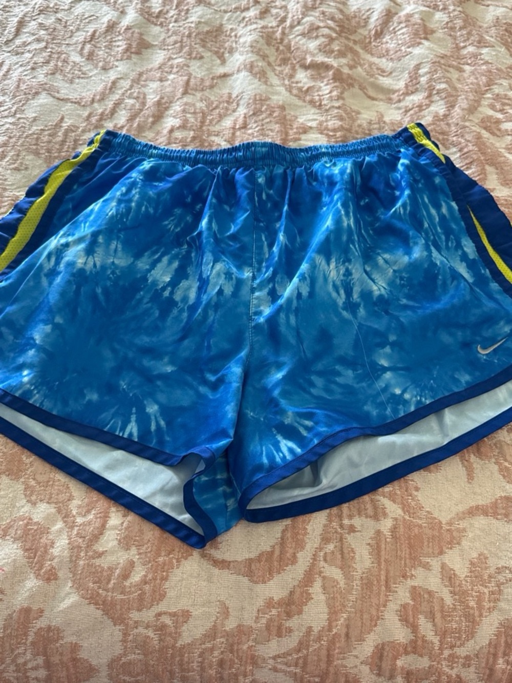 Nike Women's Blue Tie-Dye Athletic Shorts with Yellow Trim